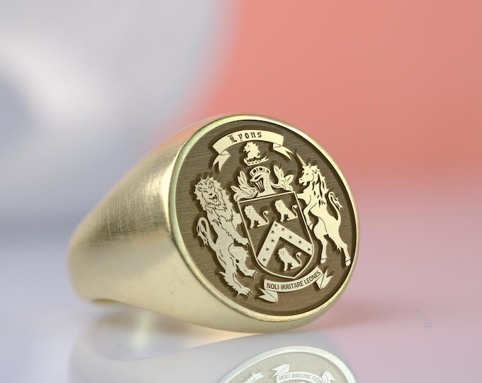 Custom Family Crest Signet Ring: Sterling Silver, Gold Coat of Arms