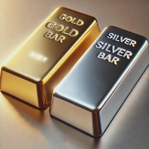 May include: Two rectangular bars, one gold and one silver, are displayed. The gold bar is embossed with the words "GOLD GOLD BAR." The silver bar is embossed with the words "SILVER SILVER BAR." The bars are on a reflective surface.