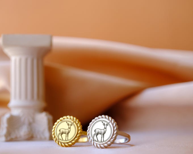 Gold Deer Signet Ring: 925 Sterling Silver Animal Totem Jewelry