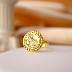 Gold Plated Cheetah Signet Ring: Hand Engraved Sterling Silver Totem