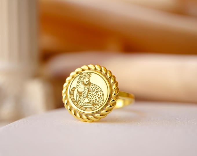 Gold Plated Cheetah Signet Ring: Hand Engraved Sterling Silver Totem