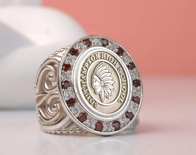 Customizable Sterling Silver Graduation Ring: Garnet CZ, Vintage Style