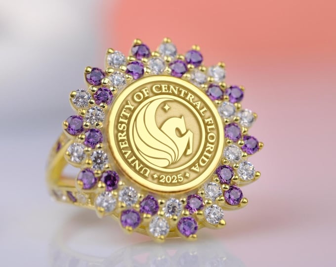 Gold Class Ring • Purple Crest • Custom Grad Gift 2025 • Alumni Ring • University Logo Jewellery
