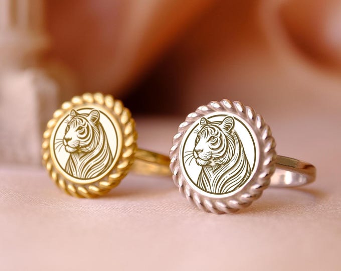 Tiger Signet Ring: 925 Sterling Silver or Gold, Feminine Power Jewelry
