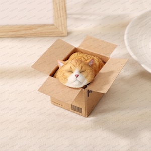 Handcrafted Resin Cat Sculpture with Faux Fur: &#39;Cat in a Box&#39; Art