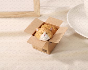 Handcrafted Resin Cat Sculpture with Faux Fur: 'Cat in a Box' Art
