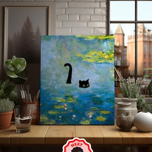 May include: A black cat peeks out of the water in a painting inspired by Claude Monet's Water Lilies. The painting features a blue and green water scene with yellow lily pads.