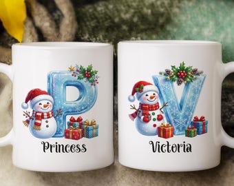 Custom Christmas Mug, Snowman Initial, Personalized Gift (11oz or 15oz)