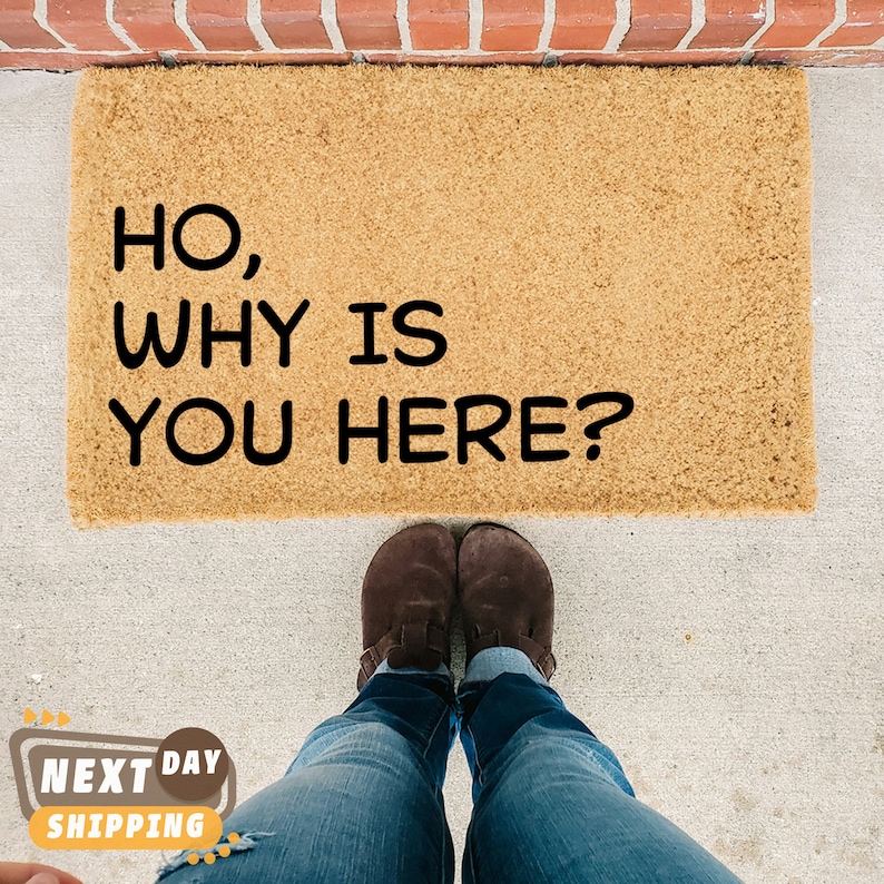 Puede incluir: Una alfombra de bienvenida marr&oacute;n con el texto "HO, WHY IS YOU HERE?" impreso en negro. La alfombra est&aacute; sobre una superficie de hormig&oacute;n.