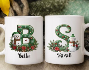 Custom Name Christmas Mug, Snowman Letter Design, Ceramic Coffee Mug (11oz or 15oz)