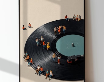 Vinyl Record Dance Party Print, Retro Music Wall Art, Vintage People Dancing Poster