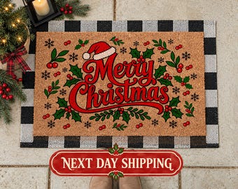 Merry Christmas Coir Doormat, Santa Holly Design, Porch Decor