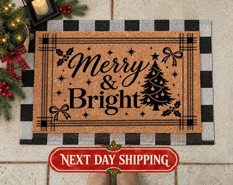 Merry and Bright Doormat, Holiday Welcome Mat, Coconut Fiber Entrance Decor