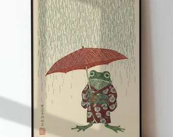 Frog With Umbrella Art Print, Japanese Style Wall Decor, Animal Lover Poster