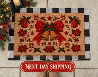 Christmas Bells Coir Doormat, Winter Holiday Welcome Mat, Front Porch Decor