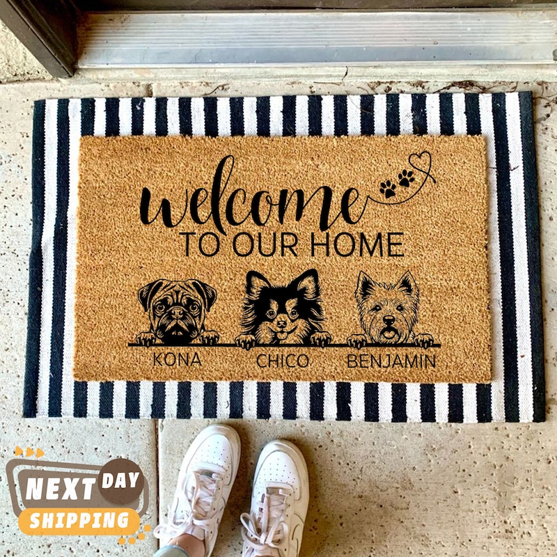 Personalized Dog Welcome Doormat - “Welcome to My Home The Humans Just Live Here” - Custom Dog Lover Doormat with up to 9 Dogs