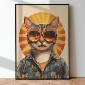 May include: A cat wearing sunglasses and a blue and yellow floral shirt, with a retro sunburst behind it.