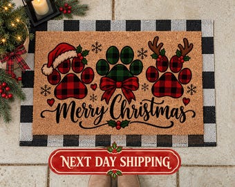 Christmas Doormat, Plaid Paw Print, Holiday Welcome Mat, Pet Lover Gift