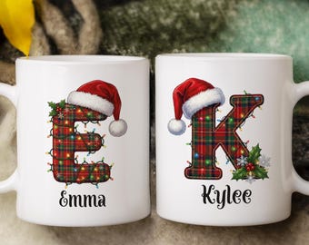 Custom Christmas Name Mug, Plaid Santa Hat, Ceramic Mug