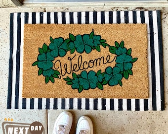 Floral Welcome Coir Doormat, Non-Slip Entryway Mat