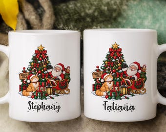 Personalized Christmas Mug, Custom Name, Santa Cat Design (11oz or 15oz)