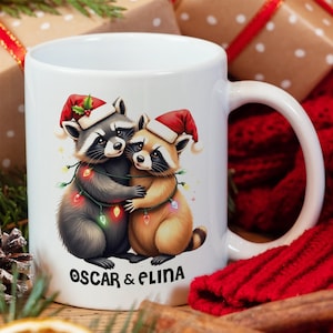 Christmas Raccoon Doormat, Holiday Doormat, Hot Chocolate Mug, Cute Coffee Mug, Christmas Mug, Ceramic Mug, Newlywed Gift, Christmas Gift