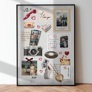 May include: A framed collage featuring vintage-style photographs, a camera, a record, and handwritten notes. Decorative elements include hearts, a telephone, and the text "I love you" and "XOXO". A heart-shaped locket hangs near a box of matches with "LOVE IS LOVE".
