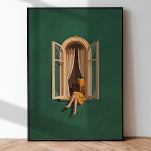 May include: A framed wall art print featuring a deep green wall with an arched window. A figure in a yellow dress sits on the window ledge, reading a yellow book. The window has light beige curtains and is open, revealing a dark interior space.