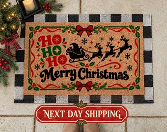 Ho Ho Ho Christmas Doormat, Reindeer Welcome Mat, Holiday Porch Decor
