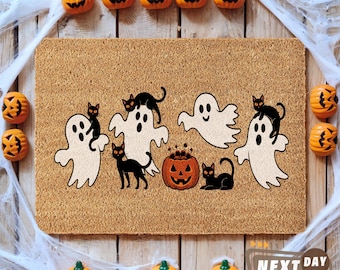Halloween Ghosts and Cats Doormat, Creepy Porch Decor, Spooky Vibes