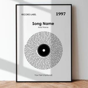 May include: A black and white printable record design with the text "RECORD LABEL", "1997", "Song Name", "Artist Name", and "Your Text (Optional)". The design features a circular record with a black center and concentric circles of text.