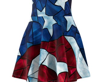 Patriotic Womens Skater Skirt Colorful Stained Glass Design, Perfect for Summer, Festivals, Independence Day, Casual Outings