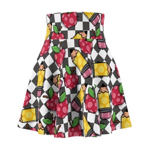 Teacher Pencil & Apple Skater Skirt - Back to School Women&#39;s Clothing, A-Line Mini Skirt, Gift for Educator, Classroom Theme Apparel, Fall