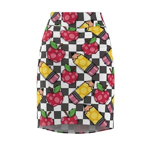 Playful Teacher Pencil Skirt, Fun Apple Pattern Skirt, Women&#39;s Fashion Skirt, Cute Pencil Skirt, Quirky Skirt for Parties