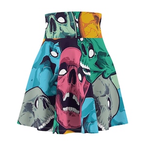Colorful Skull Print Women&#39;s Skater Skirt, Gothic Fashion, Halloween Outfit, Trendy Streetwear, Festival Wear, Unique Gift