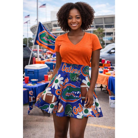 gator dresses blue and orange Alligator Football Skater Skirt, Retro Mascot Skirt, Southern College Game Day Skirt, Unisex Sports Fan Apparel Color:MIDNIGHT BLUE