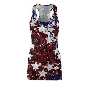Funkelndes Racerback-Kleid mit Sternenmuster, Vaterländischer Schimmer, Sommerfestivals, Unabhängigkeitstag, Partykleid, lässiger Stil, Fourth of Juli