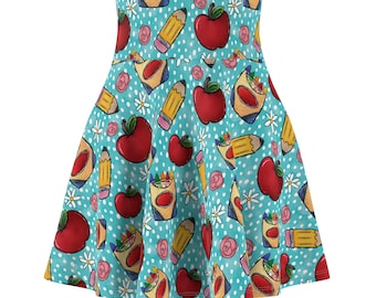 Colorful Apple & Pencil Print Skater Skirt, Cute Summer Skirt, Back to School Skirt, Fun Casual Outfit, Women's Fashion