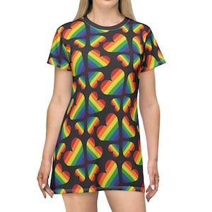Rainbow Heart T-Shirt Dress, LGBTQ+ Pride Dress, Casual Summer Dress, Gift for Her, Colorful Everyday Outfit
