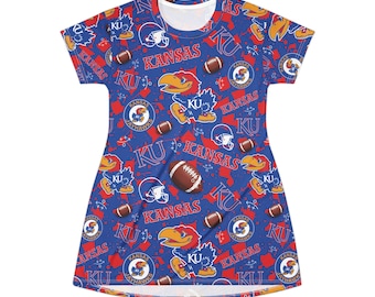 T-shirtjurk Kansas Jayhawks, outfit voor wedstrijddag, universiteitsvoetbalmode, kleding sportfans, kleding voor teamspirit