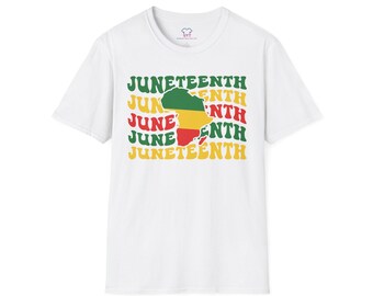 May include: White t-shirt with a green, yellow, and red outline of the continent of Africa. The word "Juneteenth" is repeated five times in a retro font, with the outline of Africa in the center.