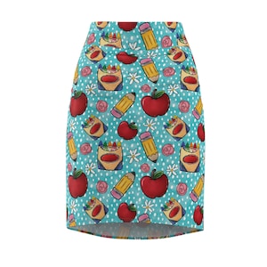 Colorful Back to School Pencil Skirt, Teacher Gift, AOP Fashion Skirt, Fun Fruit Print Skirt, Cute Office Wear, Classroom Style