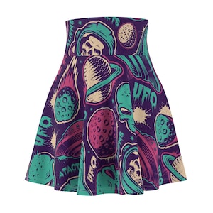 Cosmic UFO Women&#39;s Skater Skirt, Retro Space Print Skirt, Fun Festival Skirt, Unique AOP Skirt, Perfect for Sci-Fi Lovers