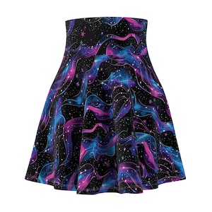 Cosmic Waves Women&#39;s Skater Skirt, Galaxy Print Mini Skirt, Casual Summer Skirt, Festival Wear, Space-Themed Fashion