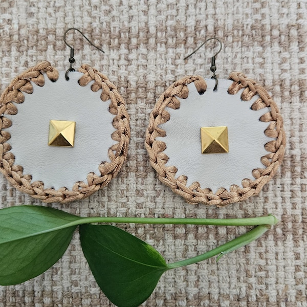 Leather Earrings, Crocheted Earrings, Crocheted Leather Earrings, Real Leather, Round Earrings, Pyramid Stud, Dangle Ethnic Earrings