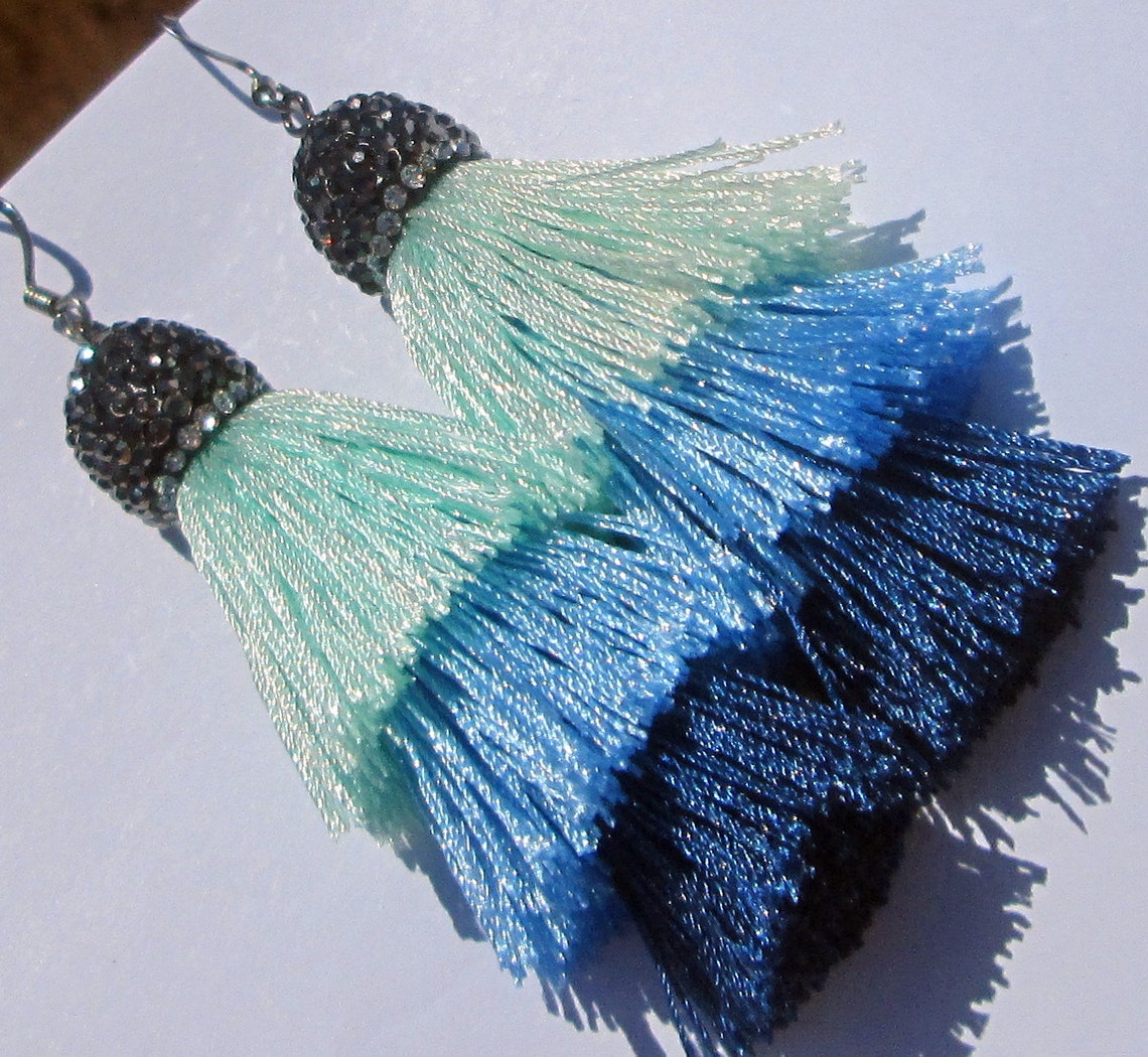 Tassel Earrings Blue Silky Fringe Thread Tassel Pierced | Etsy