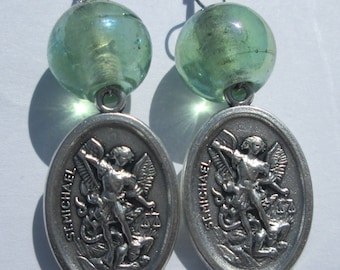 Pierced Earrings St. Michael Religious Medal charm handmade earrings Gift for her by Ziporgiabella