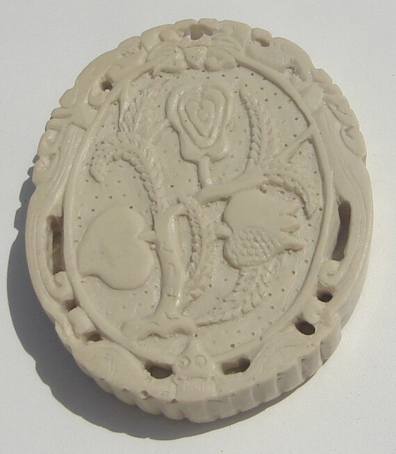 Large Bead Pendant Piece New Destash Supplies carved oval shape floral beige two sided focal bead pendant piece new supplies