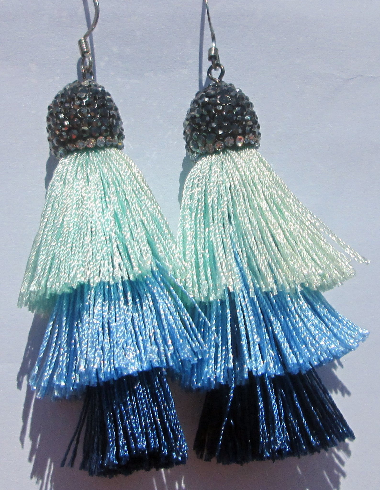 Tassel Earrings Blue Silky Fringe Thread Tassel Pierced | Etsy