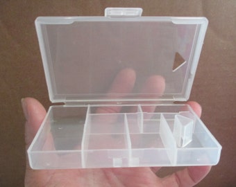2 (TWO) SMALL/TINY Storage Boxes with six sections clear plastic storage box with attached closing lid for beads and craft supplies Destash